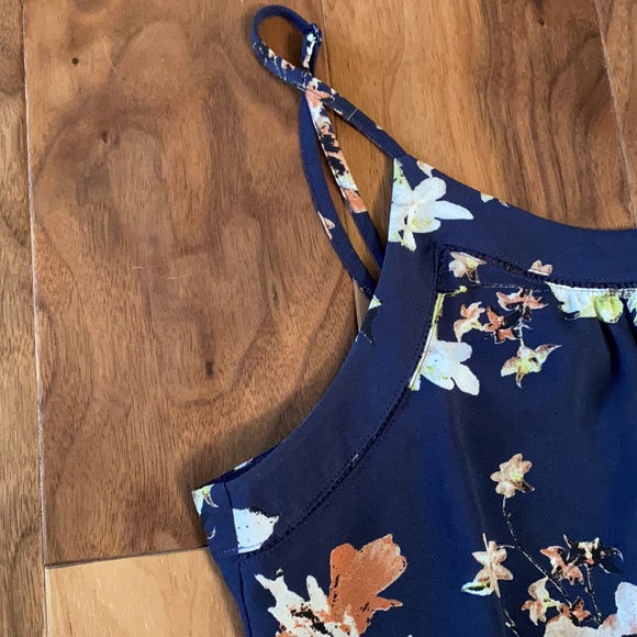 Navy floral dressy spaghetti strap tank blouse - Picture 3 of 5